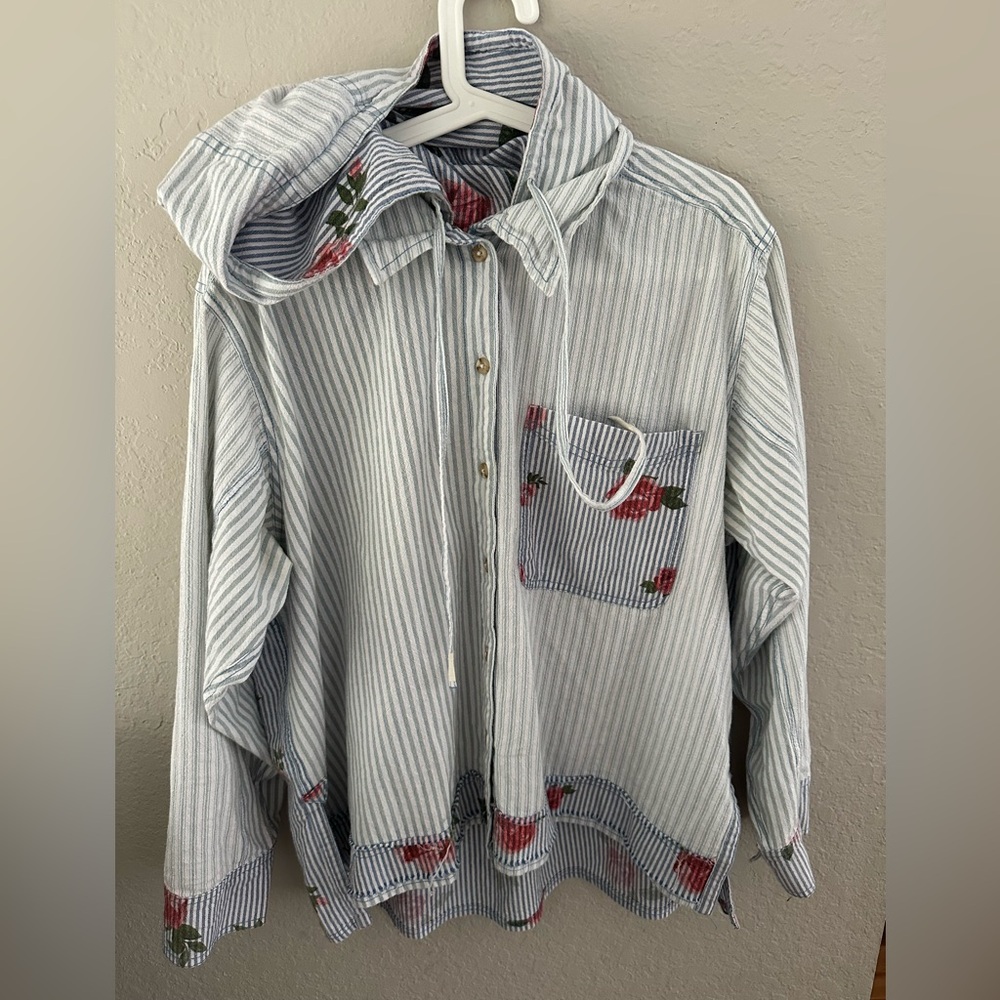 Free People Striped Hoodie with Floral Accents